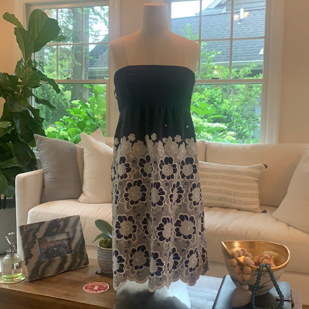 Tibi dark blue silk floral strapless mini dress